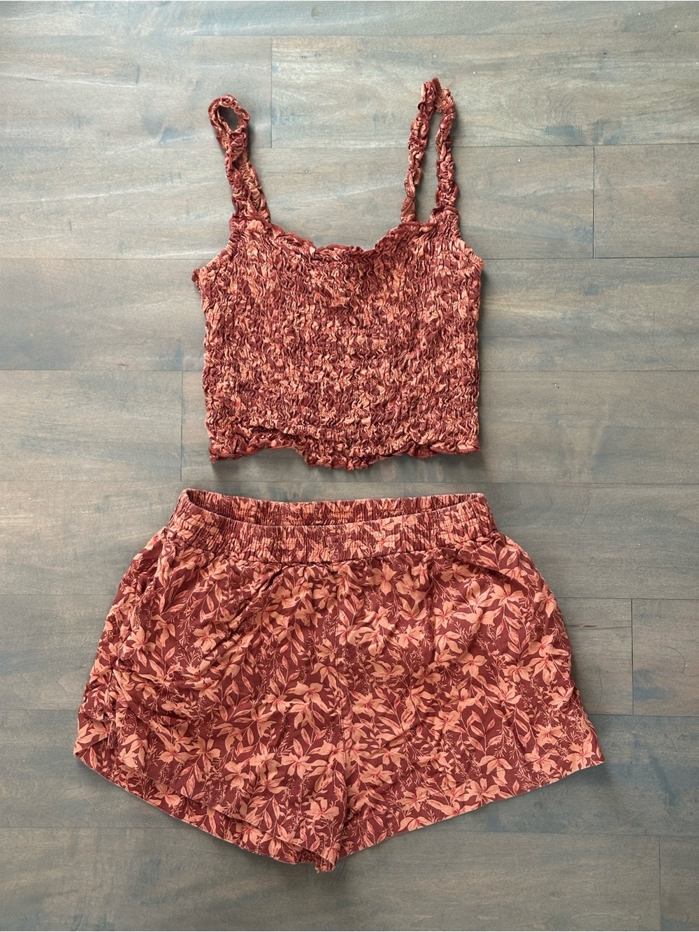 RVCA Rust Floral Smocked Two Piece Crop Top & Shorts Beach Set
